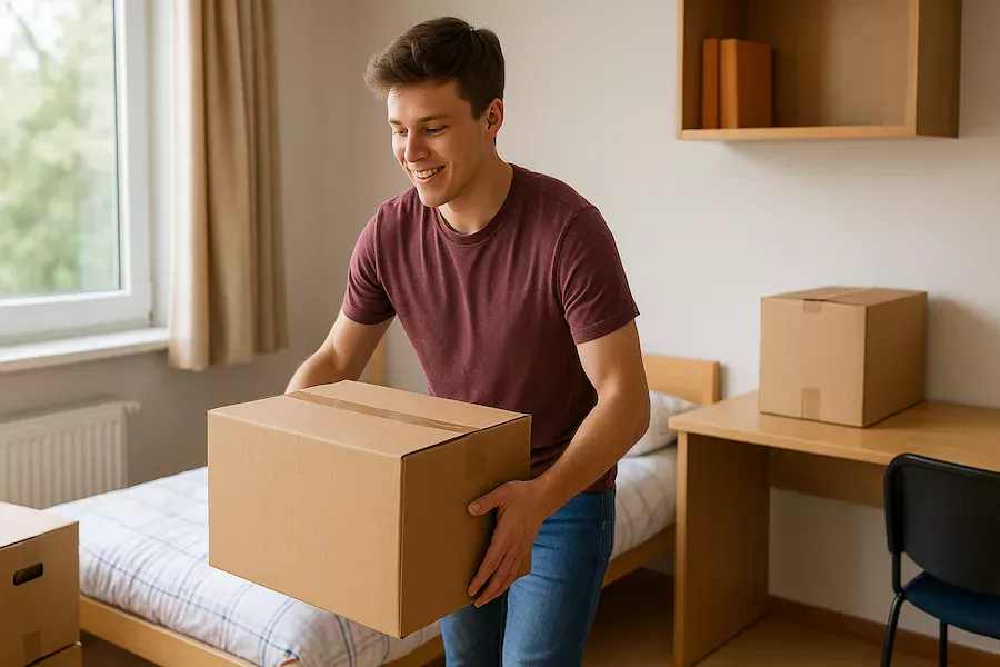 student flyttar flyttlådor i studentrum